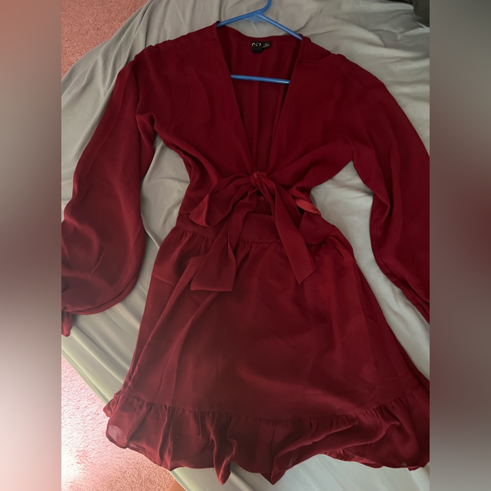Red/Burgundy Cut Out Dress with Tie